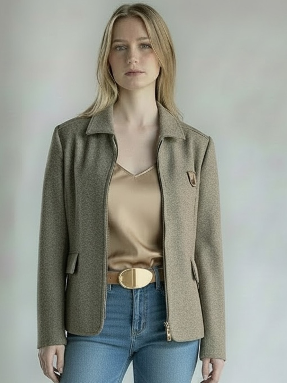 Tailored Women's Wool Tan Zip-Front Blazer Jacket